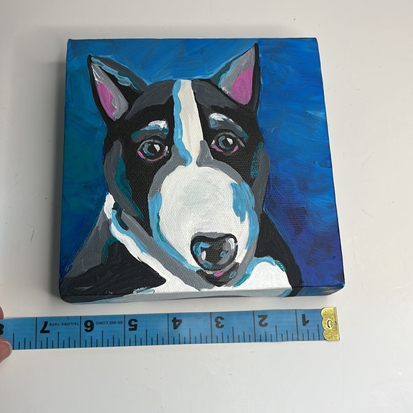 Bull Terrier original hand painted acrylic on gallery wrapped canvas. 6”x6” - Picture 6 of 7